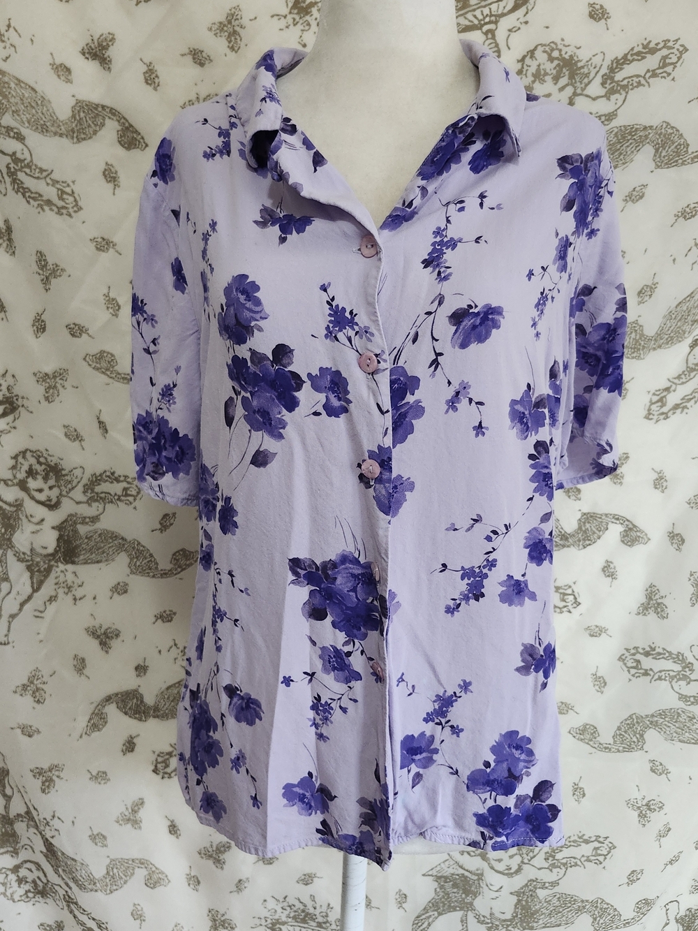 Vintage Debenhams Classic Lavander Floral Button Up Top Sz 14